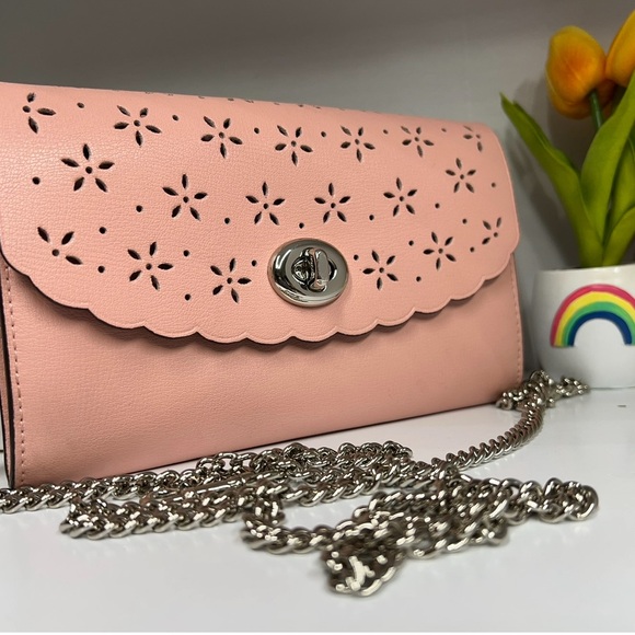 Pink Floral Cutout Chain Clutch
